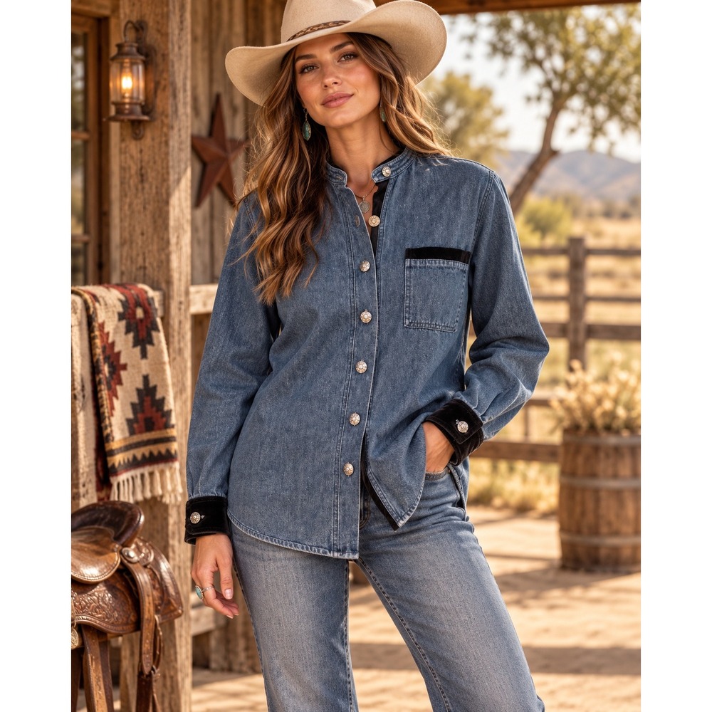 Denim Shirt Blue Black Velvet Trim Southwestern Buttons Mandarin Collar Large